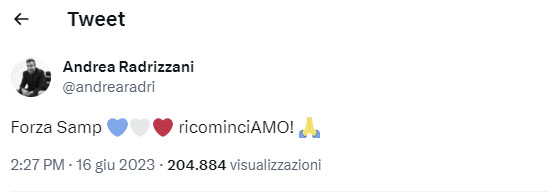 Tweet Radrizzani La Sampdoria è salva, approvato il bilancio. Radrizzani esulta con un post su Twitter