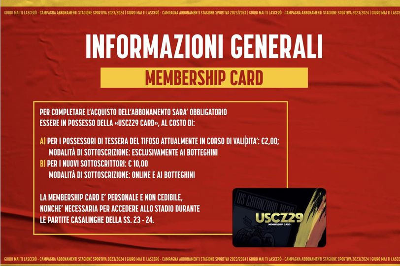 Membershipcard U.S. Catanzaro, abbonamenti 23-24 attiva dal 2 agosto online con il supporto di pagamento in 3 rate.