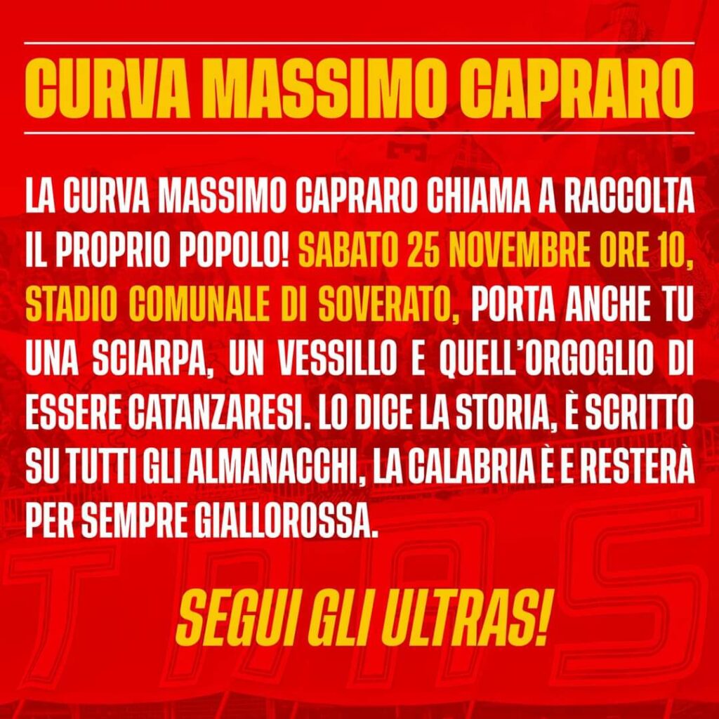 IMG 20231124 WA0032 Catanzaro - Cosenza, la curva “Massimo Capraro” chiama a raccolta la tifoseria giallorossa.