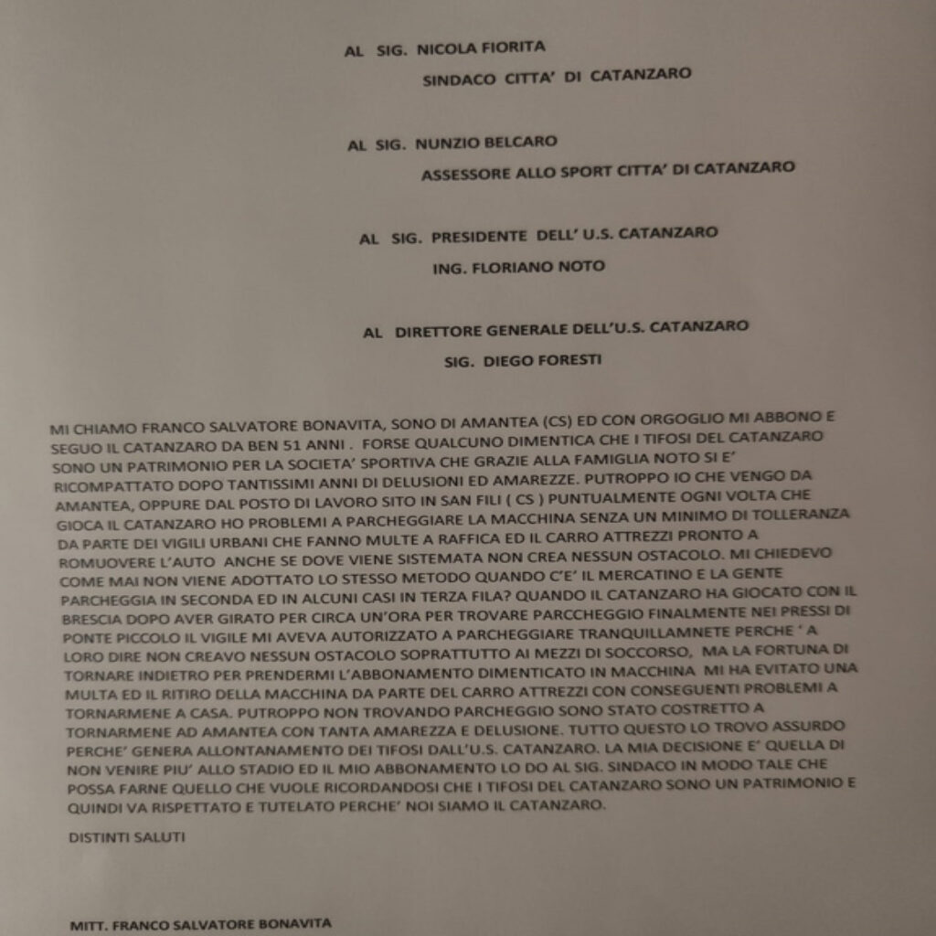 Lettera Bonavita Multa e carroattrezzi, dopo 51 anni è costretto a disertare lo “Stadio Ceravolo” e restituisce l’abbonamento al sindaco Fiorita.