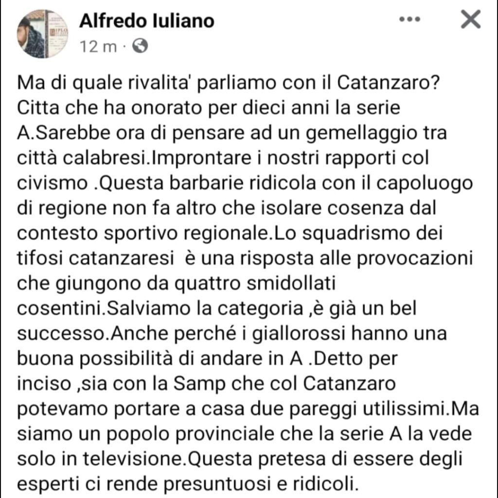 Alfredo Iuliano Incidenti post derby, il video dell’agguato dei cosentini e la reazione dei catanzaresi che smentisce l’informazione distorta di alcuni mass media ed intellettuali in pantofole. (VIDEO E TESTIMONIANZE)