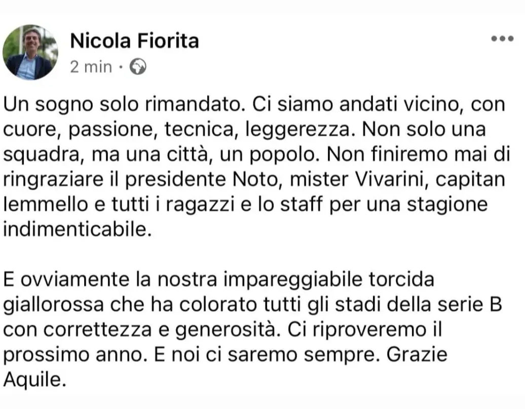 Nicola Fiorita post Catanzaro, la reazione del sindaco Fiorita: “E’ un sogno solo rimandato, stagione indimenticabile, grazie a tutti i protagonisti”