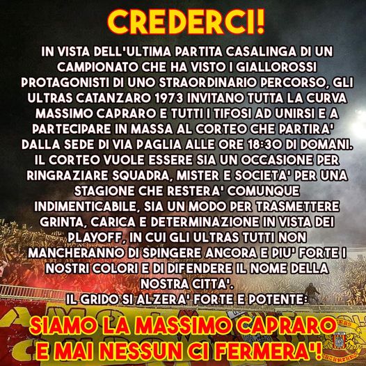 Ultras Catanzaro locandina Catanzaro - Sampdoria, gli Ultras Catanzaro chiamano a raccolta la tifoseria: "Corteo per sostenere squadra, mister e società"