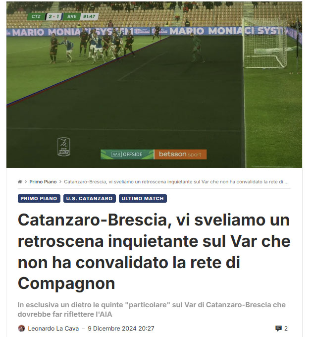 var Var Catanzaro-Brescia, la precisazione della società Hawk-Eye partnership della Lega di Serie B